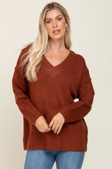 Rust V-Neck Brushed Knit Maternity Sweater