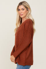 Rust V-Neck Brushed Knit Sweater