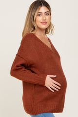 Rust V-Neck Brushed Knit Maternity Sweater