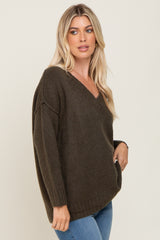 Olive V-Neck Brushed Knit Sweater