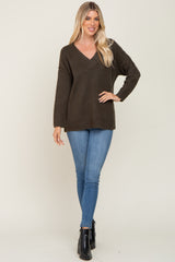 Olive V-Neck Brushed Knit Sweater