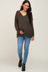 Olive V-Neck Brushed Knit Maternity Sweater