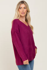 Magenta V-Neck Brushed Knit Sweater