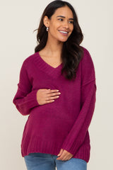 Magenta V-Neck Brushed Knit Maternity Sweater