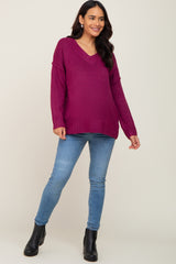 Magenta V-Neck Brushed Knit Maternity Sweater