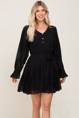 Black Pleated Waist Tie Long Sleeve Dress