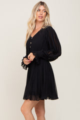 Black Pleated Waist Tie Long Sleeve Dress