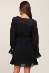 Black Pleated Waist Tie Long Sleeve Maternity Dress