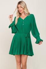 Green Pleated Waist Tie Long Sleeve Dress