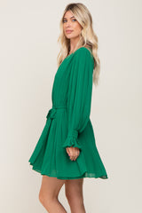 Green Pleated Waist Tie Long Sleeve Dress