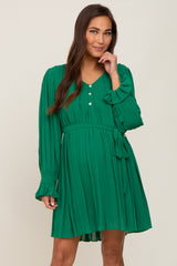 Green Pleated Waist Tie Long Sleeve Maternity Dress