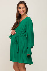 Green Pleated Waist Tie Long Sleeve Maternity Dress