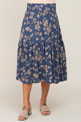 Blue Floral Smocked Maternity Midi Skirt