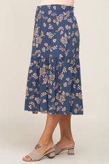 Blue Floral Smocked Maternity Midi Skirt