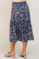 Blue Floral Smocked Maternity Midi Skirt