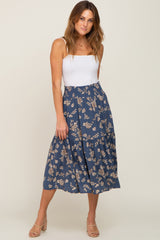 Blue Floral Smocked Maternity Midi Skirt