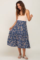 Blue Floral Smocked Maternity Midi Skirt