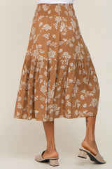 Camel Floral Smocked Midi Skirt