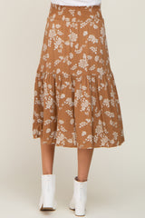 Camel Floral Smocked Maternity Midi Skirt