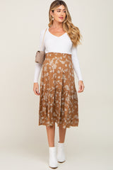 Camel Floral Smocked Maternity Midi Skirt