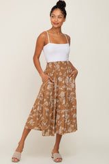 Camel Floral Smocked Maternity Midi Skirt