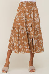 Camel Floral Smocked Midi Skirt