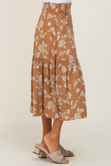 Camel Floral Smocked Midi Skirt