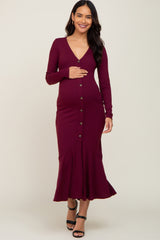 Burgundy Ribbed Button Down Long Sleeve Maternity Dress