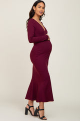 Burgundy Ribbed Button Down Long Sleeve Maternity Dress