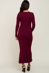 Burgundy Ribbed Button Down Long Sleeve Maternity Dress