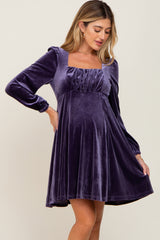 Purple Velvet Ruched Top Maternity Dress