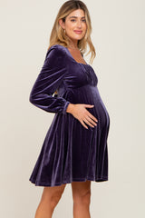 Purple Velvet Ruched Top Maternity Dress