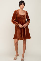 Camel Velvet Ruched Top Dress