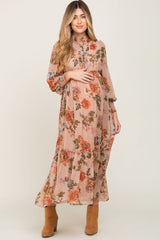 Mauve Floral Chiffon Ruffle Accent Maternity Dress