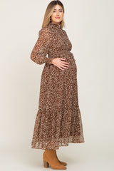 Brown Animal Print Chiffon Ruffle Accent Maternity Dress