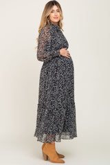 Black Animal Print Chiffon Ruffle Accent Maternity Dress