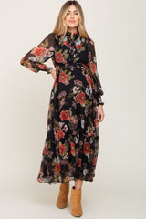 Black Floral Chiffon Ruffle Accent Maternity Dress