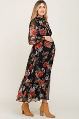 Black Floral Chiffon Ruffle Accent Maternity Dress