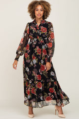 Black Floral Chiffon Ruffle Accent Maternity Dress