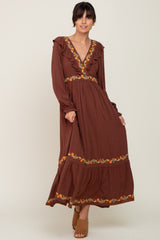 Brown Floral Embroidered Ruffle Maternity Maxi Dress