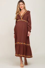 Brown Floral Embroidered Ruffle Maternity Maxi Dress