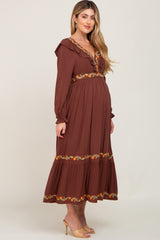 Brown Floral Embroidered Ruffle Maternity Maxi Dress