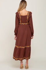 Brown Floral Embroidered Ruffle Maternity Maxi Dress