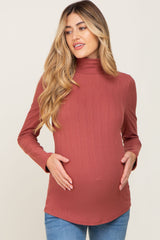 Mauve Long Sleeve Ribbed Turtleneck Maternity Top