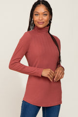 Mauve Long Sleeve Ribbed Turtleneck Maternity Top