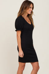 Black Smocked Short Puff Sleeve Dress