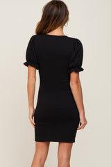 Black Smocked Short Puff Sleeve Dress