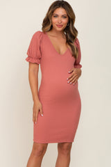 Rust Smocked Short Puff Sleeve Maternity Dress