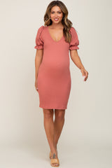 Rust Smocked Short Puff Sleeve Maternity Dress