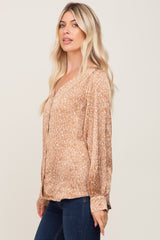 Camel Abstract Print Button Down Satin Top